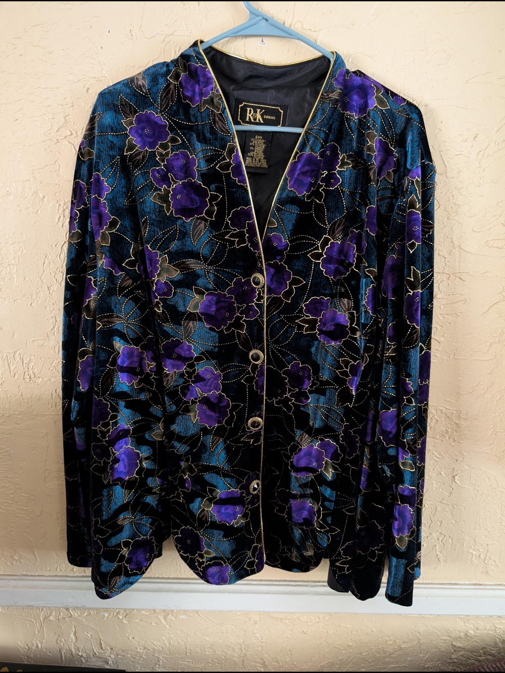 R&K Black Velvet Blazer with Purple Floral & Blue Accents